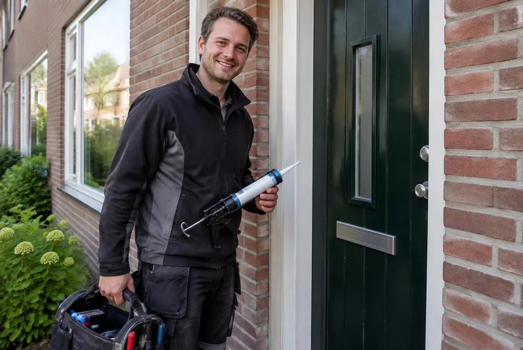 Vakman van Kitbedrijf Lunteren bij de voordeur van een woning